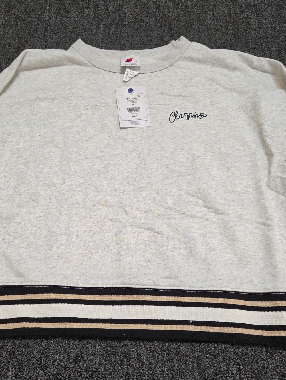 (#2C) Champion Light Gray Crewneck Sweater with Black and Tan Stripe Hem
